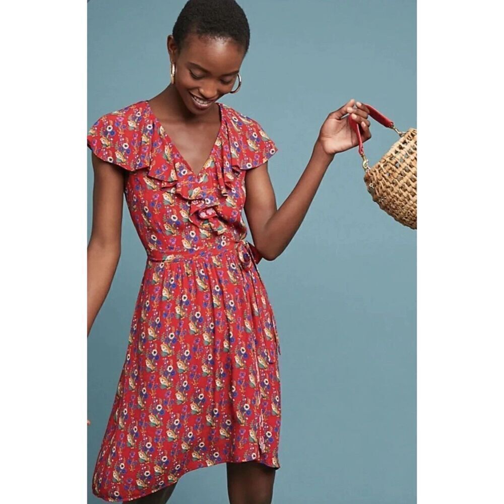 Maeve by Anthropologia "Rosalia" Red Floral Print Faux Wrap Ruffle Sleeves sz 4
